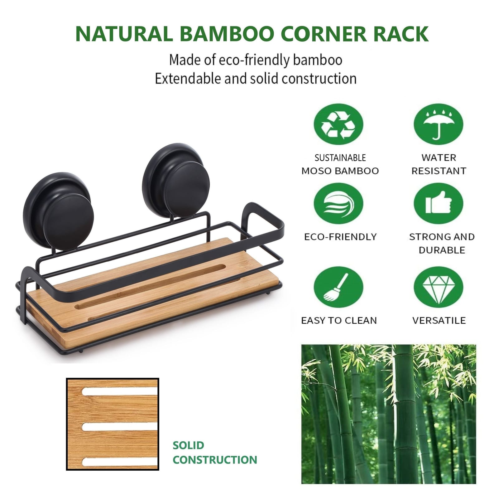 2-Pack Rectangular Bamboo Corner Shower Caddy With Suction Cups