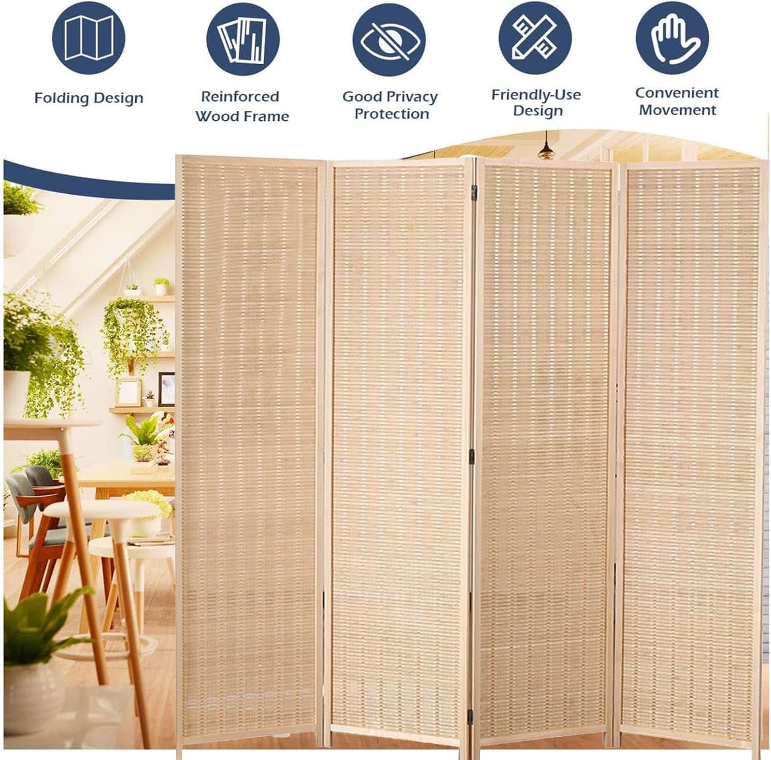 Bamboo Room Divider 5 Panel Folding Privacy Screen Storage Design