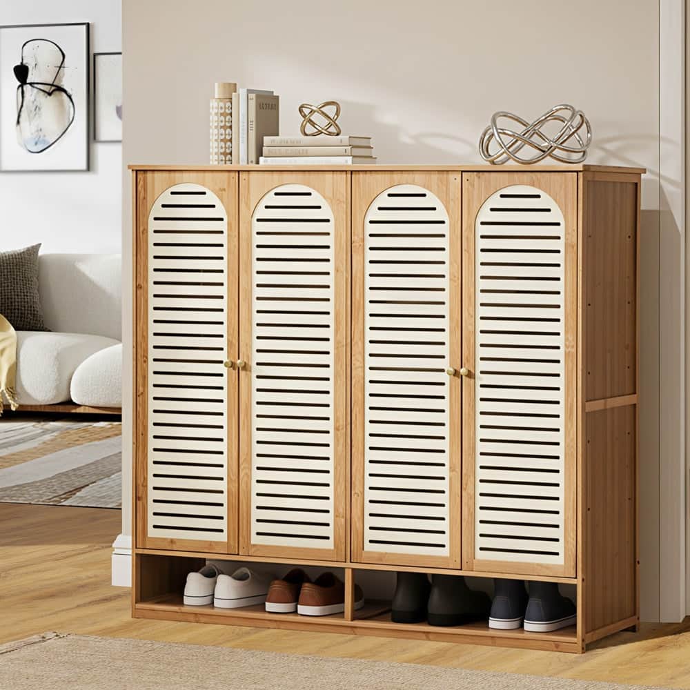Bamboo Shoe Storage Cabinet 2 Doors Organizer Shelf Rack Beige