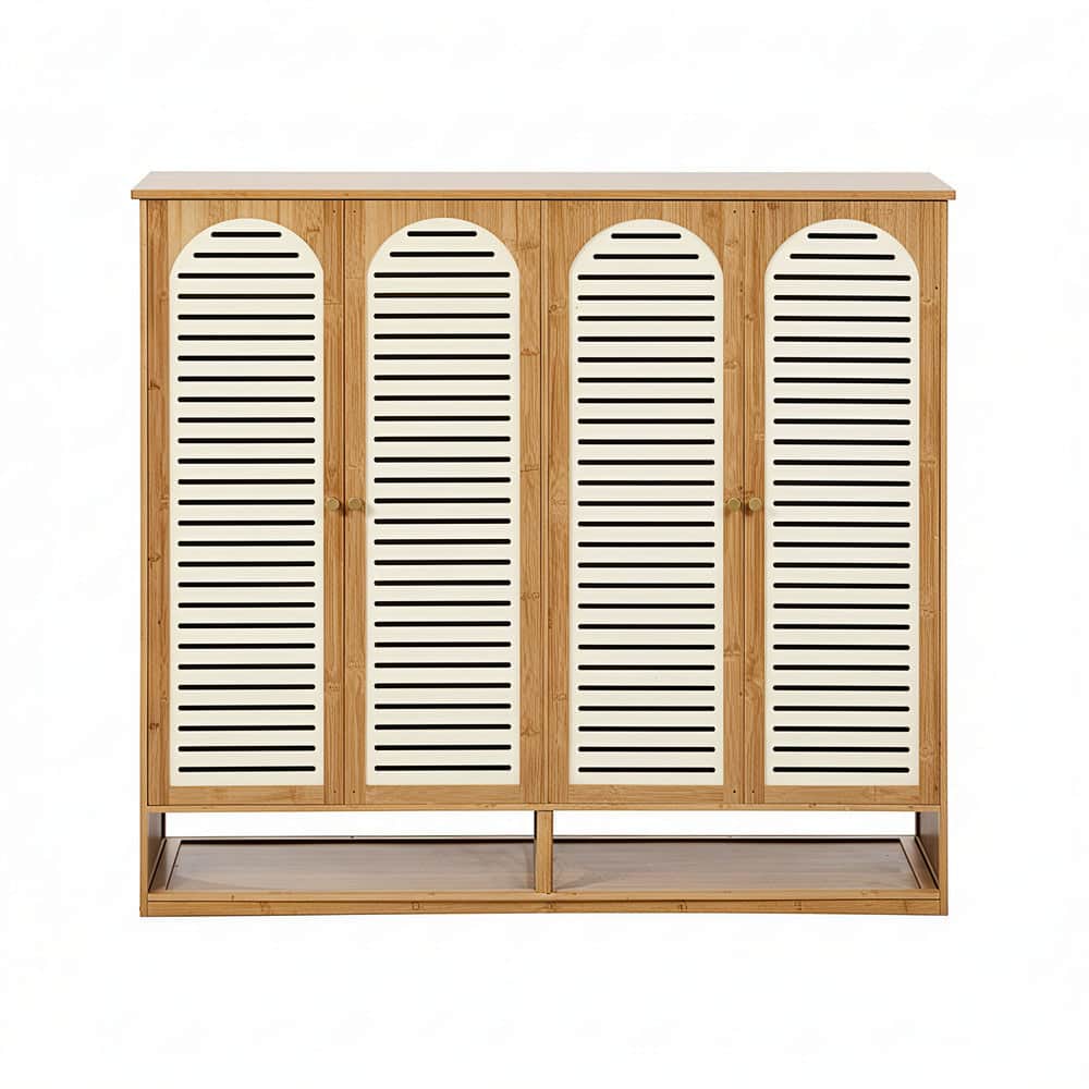 Bamboo Shoe Storage Cabinet 2 Doors Organizer Shelf Rack Beige