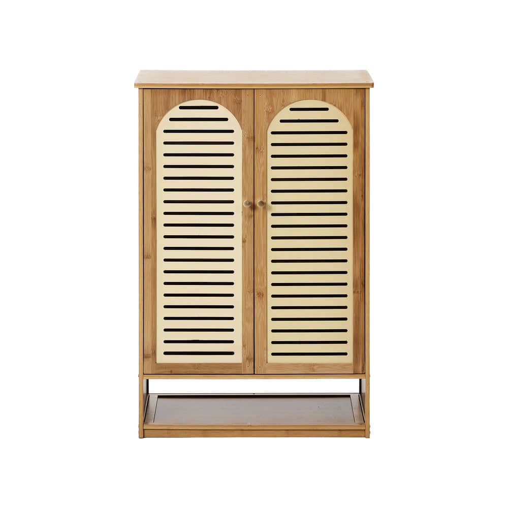 Bamboo Shoe Storage Cabinet 2 Doors Organizer Shelf Rack Beige