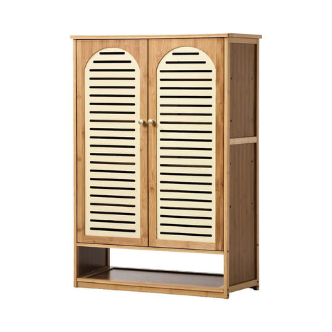 Bamboo Shoe Storage Cabinet 2 Doors Organizer Shelf Rack Beige