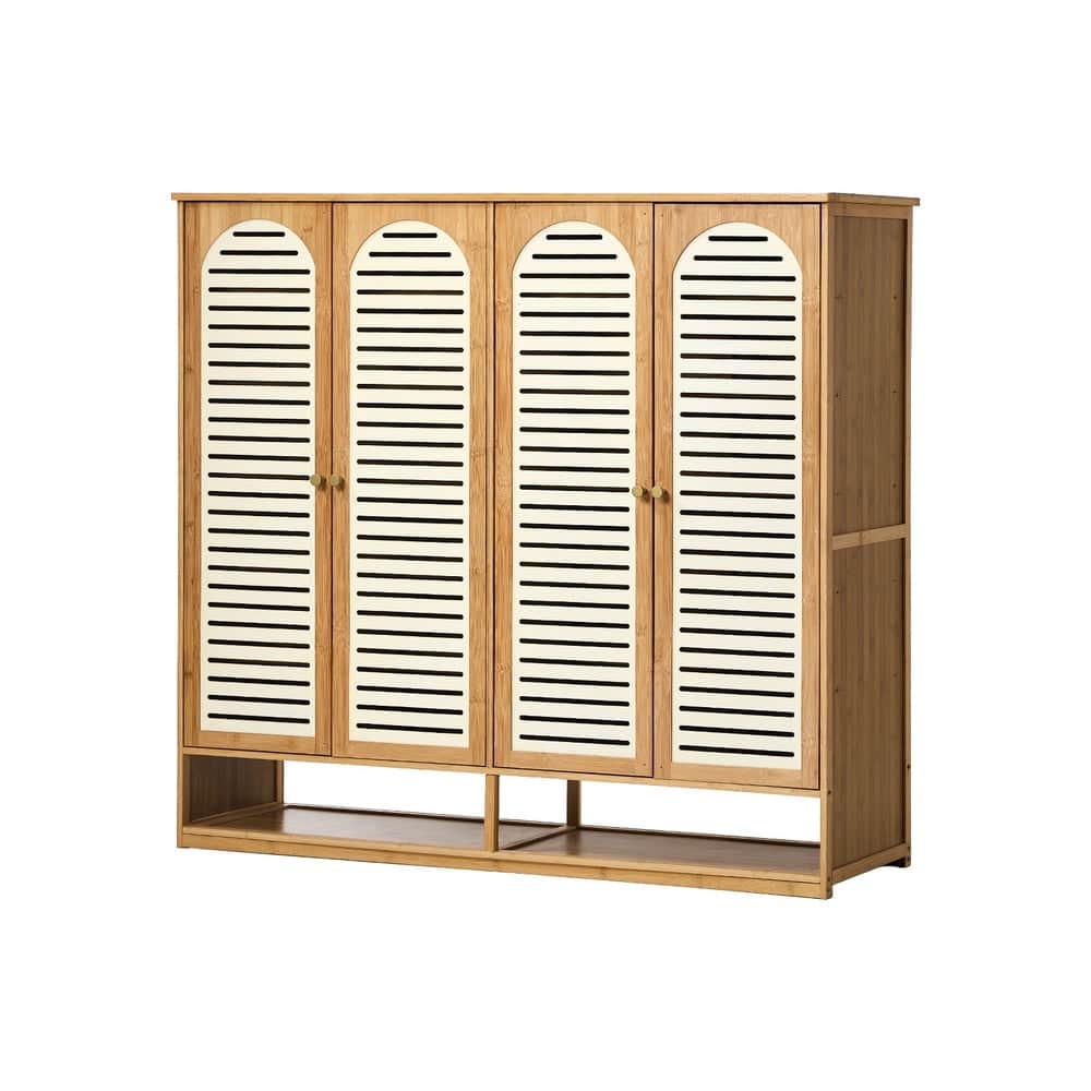 Bamboo Shoe Storage Cabinet 2 Doors Organizer Shelf Rack Beige