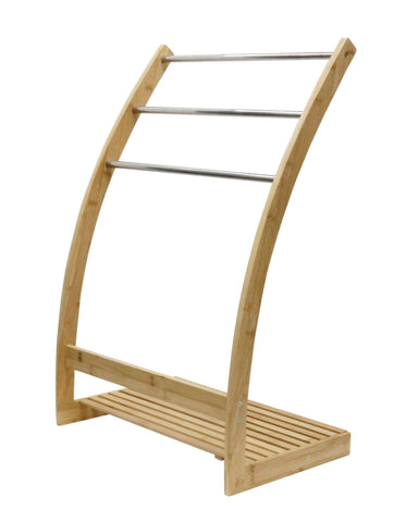Bamboo Towel Bar Metal Holder Rack 3-Tier Freestanding And Bottom Shelf For Bathroom