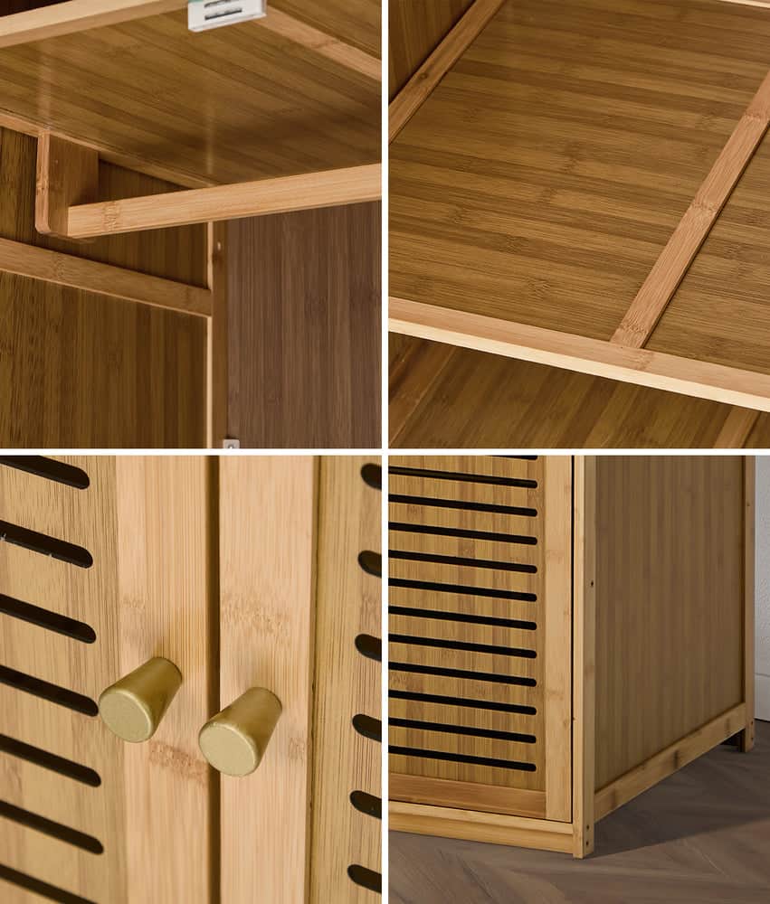 Bamboo Wardrobe 4 Door Storage Cabinet With Hanging Rod Natural Wood