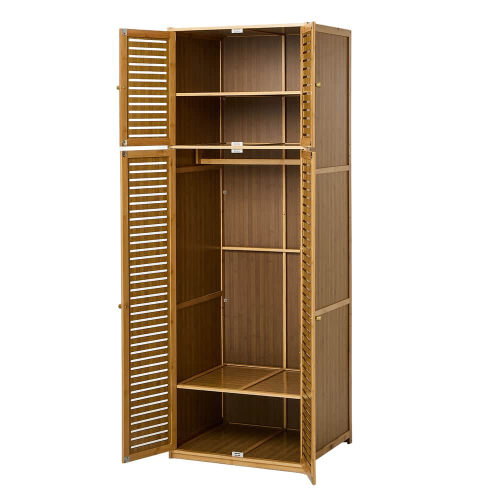 Bamboo Wardrobe 4 Door Storage Cabinet With Hanging Rod Natural Wood