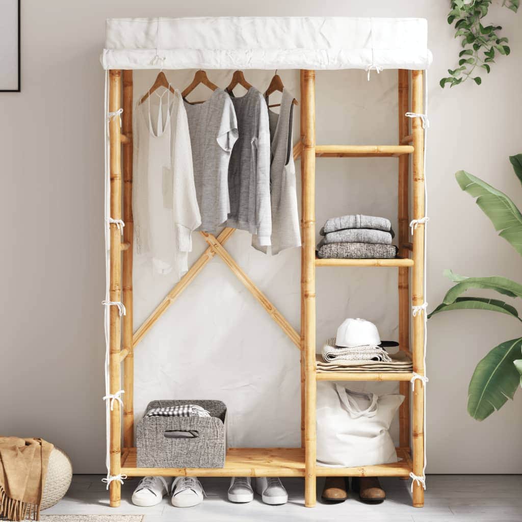 Bamboo Wardrobe Cabinet with Hanging Rail Shelf Freestanding Clothes Storage