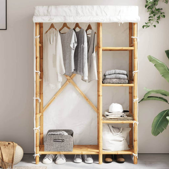 Bamboo Wardrobe Cabinet Hanging Rail Shelf Freestanding