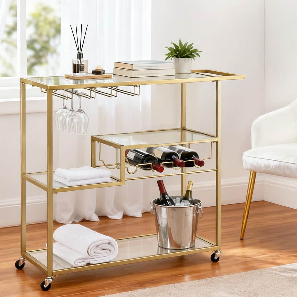 Bar Cart Drink Trolley Serving Cocktail Wine Rack Glass Holder 102Cm