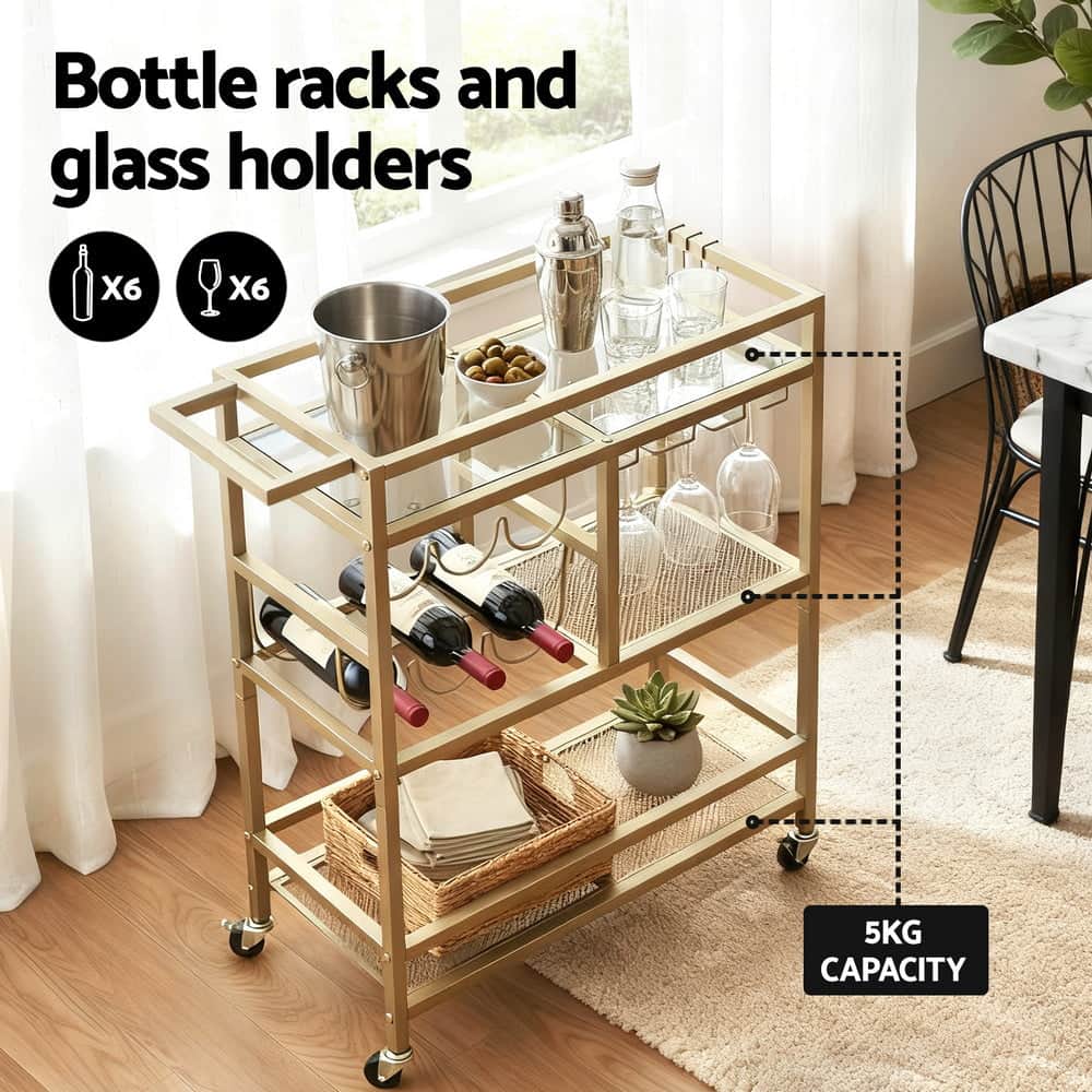 Bar Cart Drinks Trolley Serving Wine Rack Glass Holder 3 Hooks 72Cm