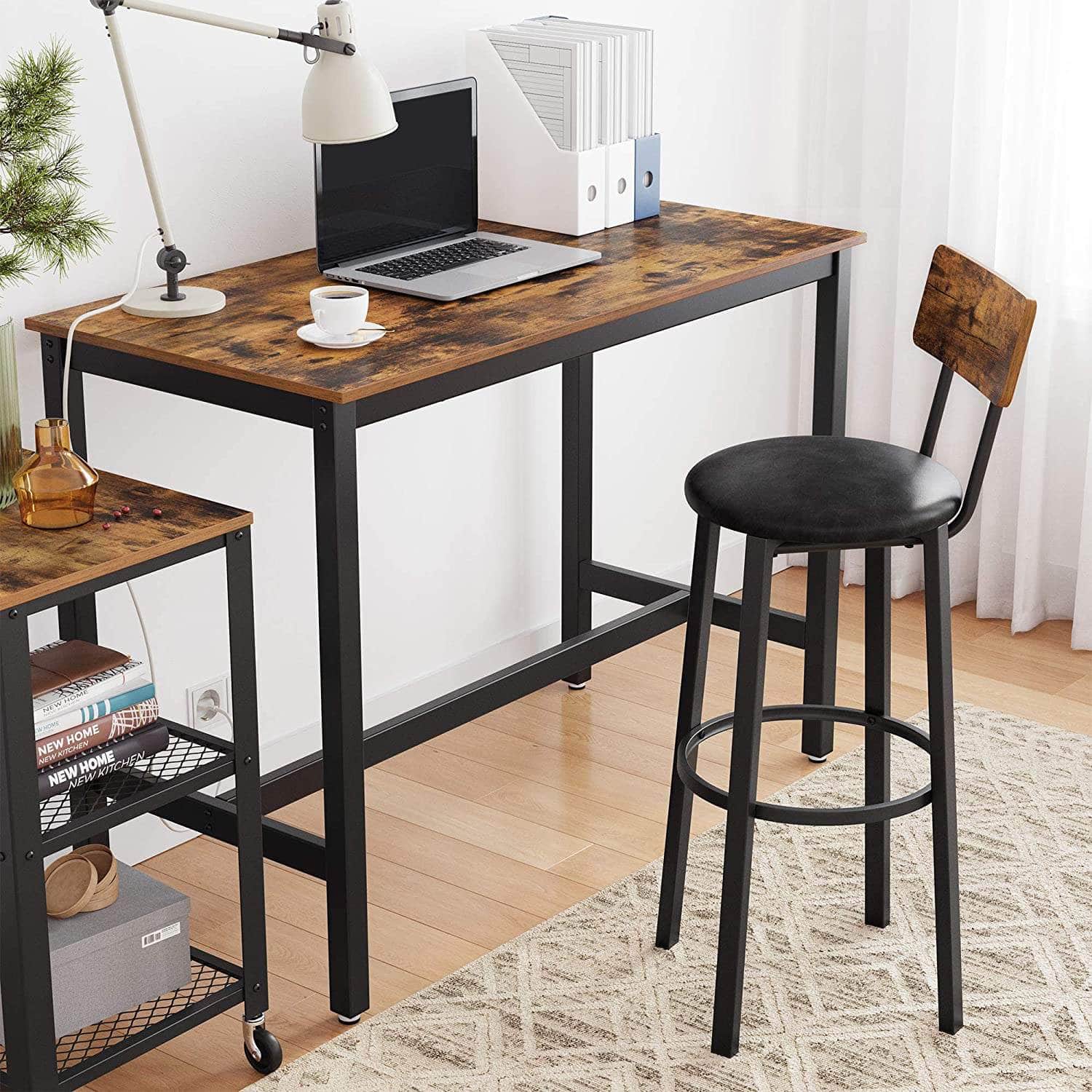 Bar Table With Solid Metal Frame And Wood Look, 120 X 60 X 90 Cm