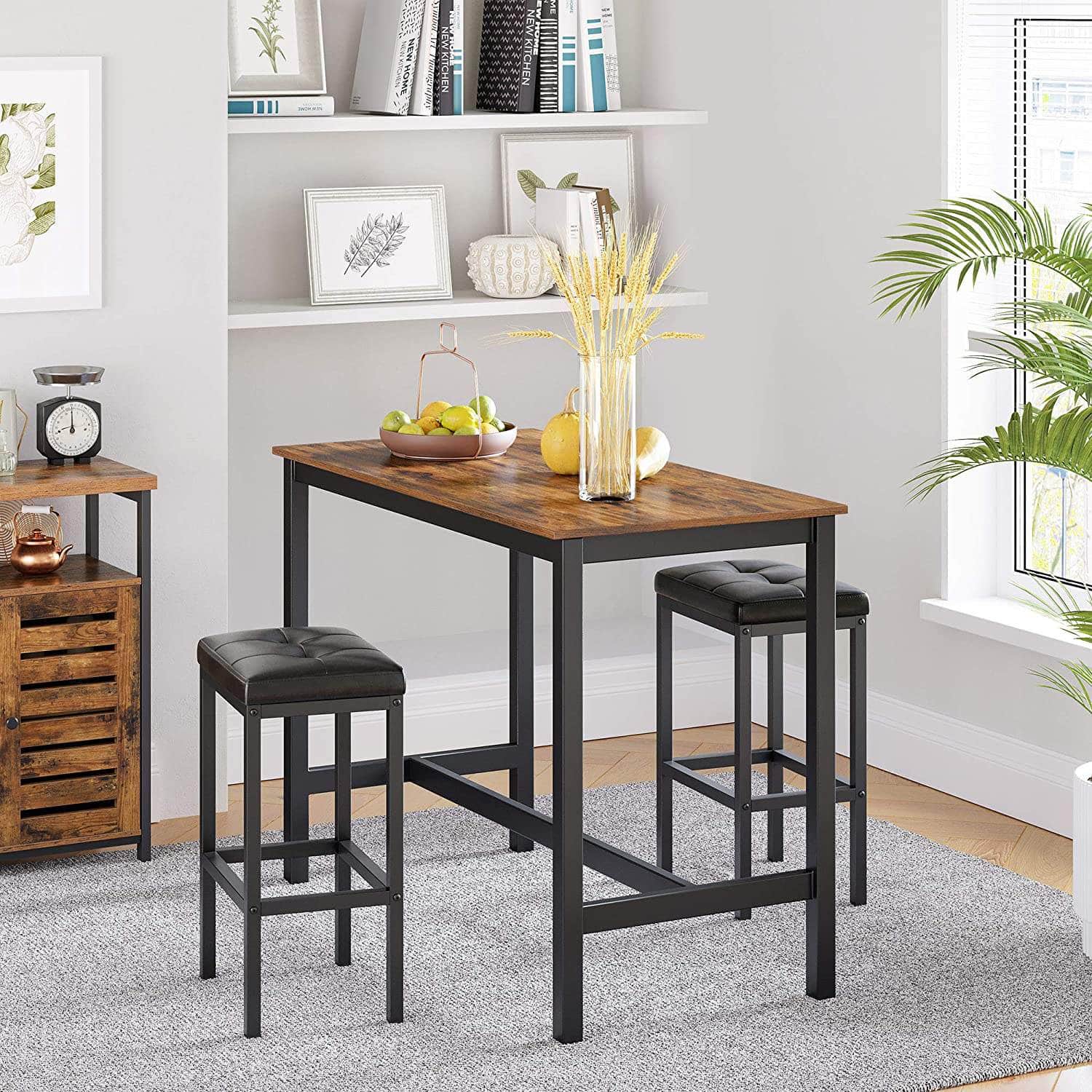 Bar Table With Solid Metal Frame And Wood Look, 120 X 60 X 90 Cm