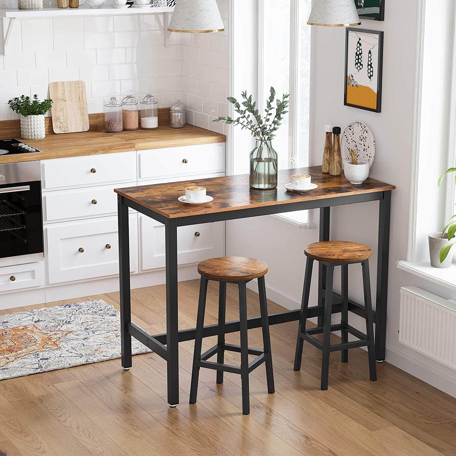 Bar Table With Solid Metal Frame And Wood Look, 120 X 60 X 90 Cm