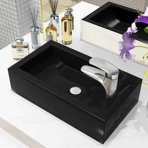 Basin with Faucet Hole Rectangular Ceramic Black