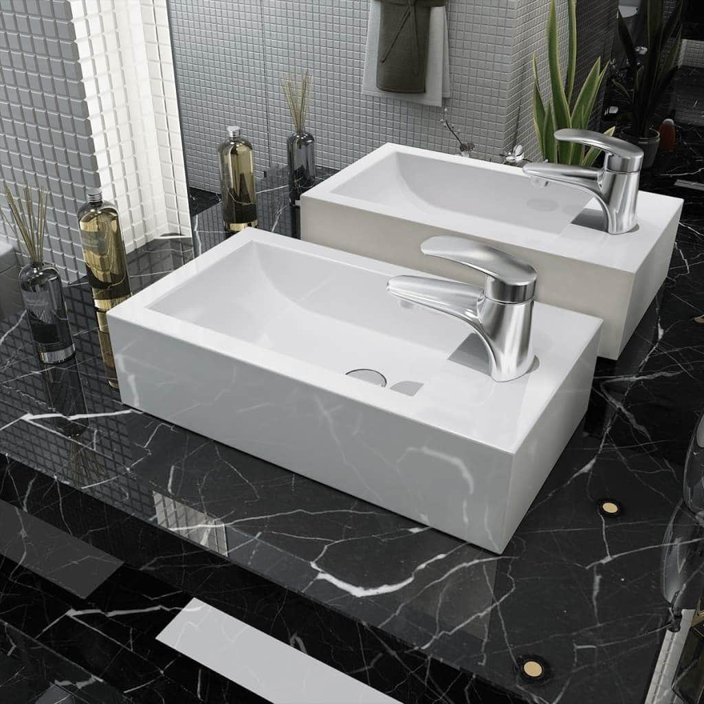 Basin with Faucet Hole Rectangular Ceramic White