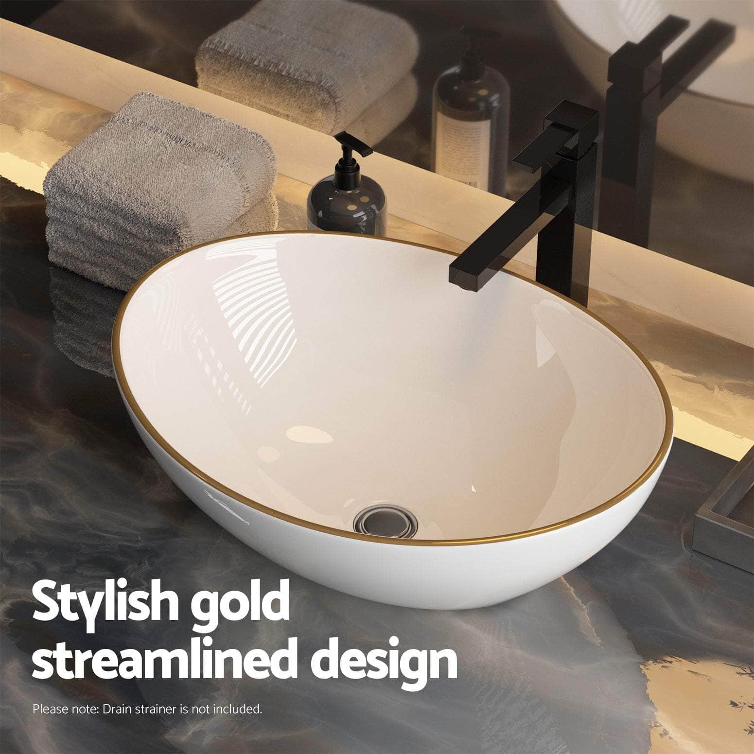 Bathroom Basin Ceramic Vanity Sink Hand Wash Bowl Gold Line 41x34cm