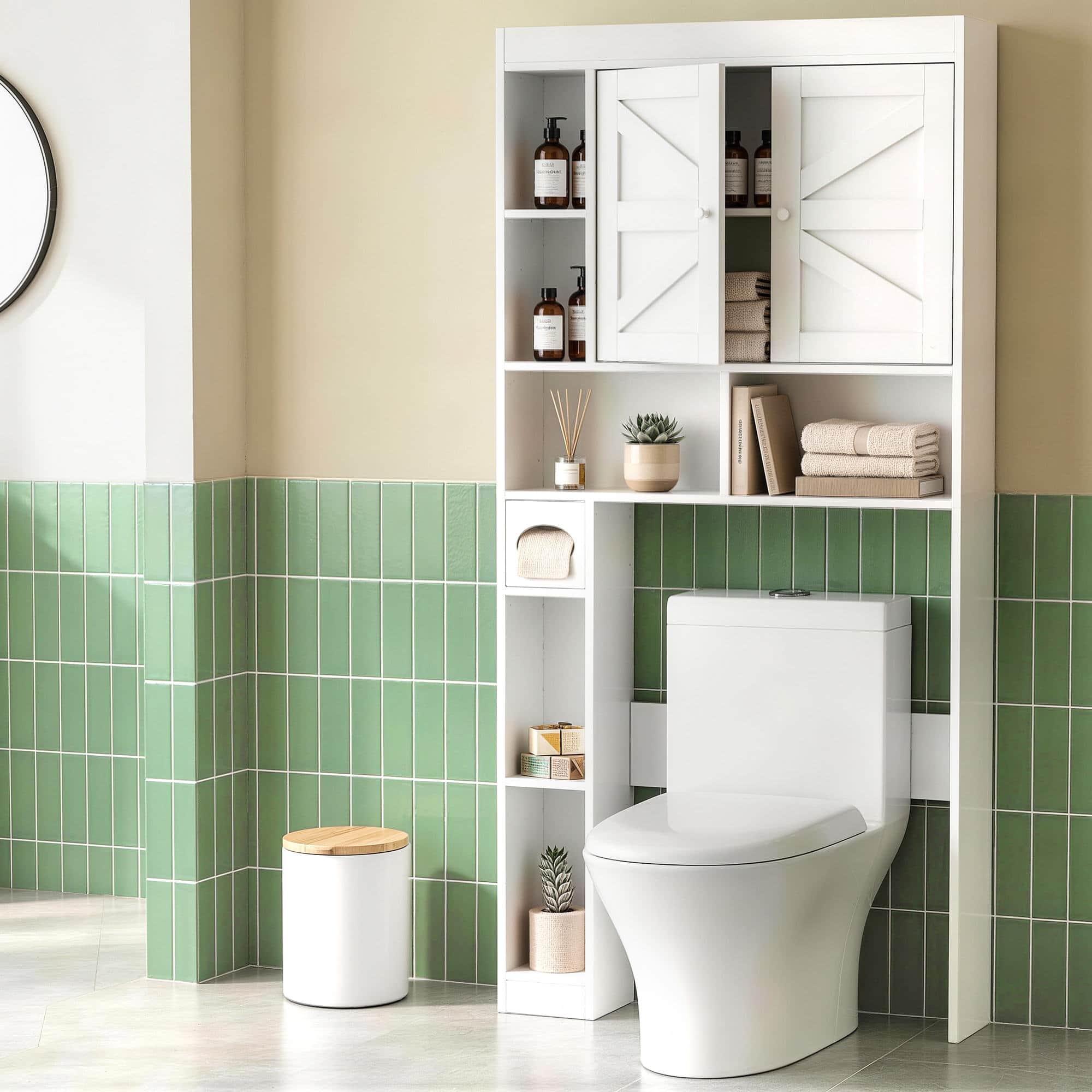 Bathroom Storage Cabinet Over Toilet Organiser with Adjustable Shelves and Barn Door