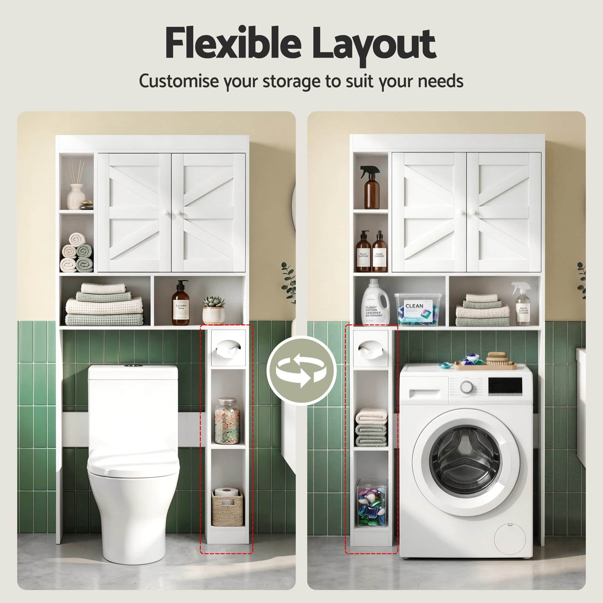 Bathroom Storage Cabinet Over Toilet Organiser with Adjustable Shelves and Barn Door