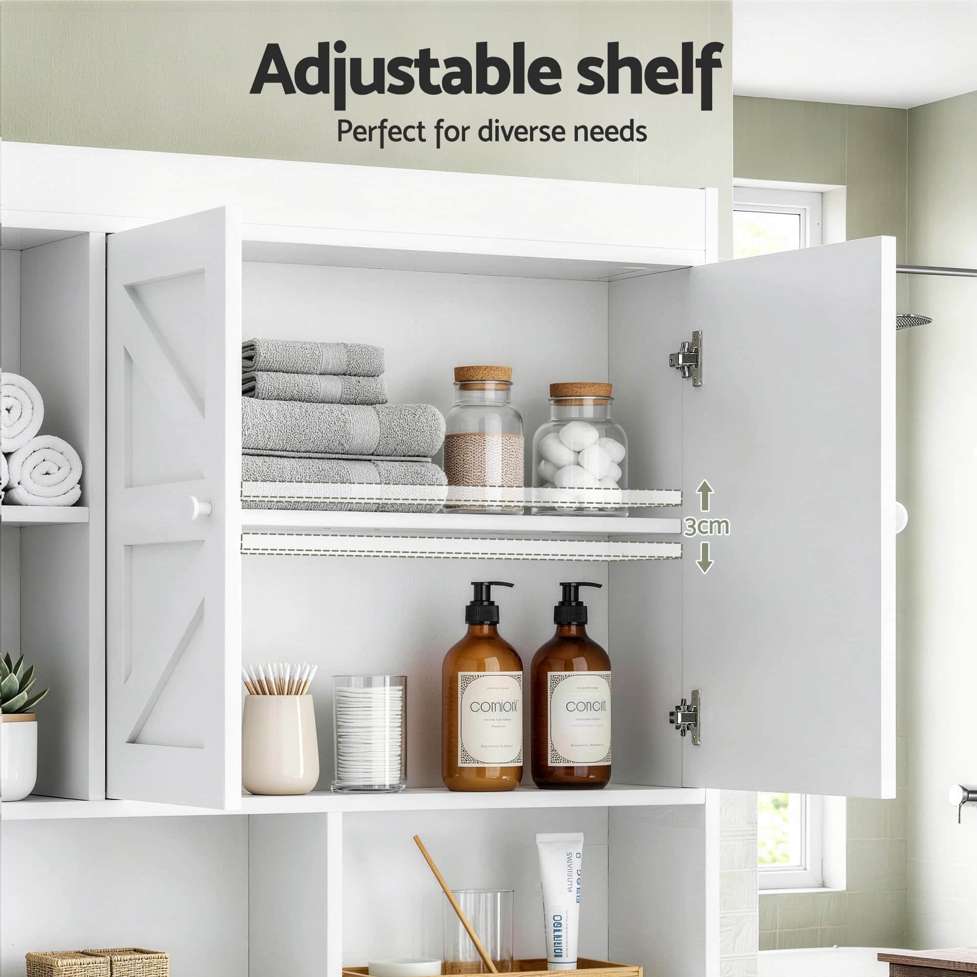 Bathroom Storage Cabinet Over Toilet Organiser with Adjustable Shelves and Barn Door
