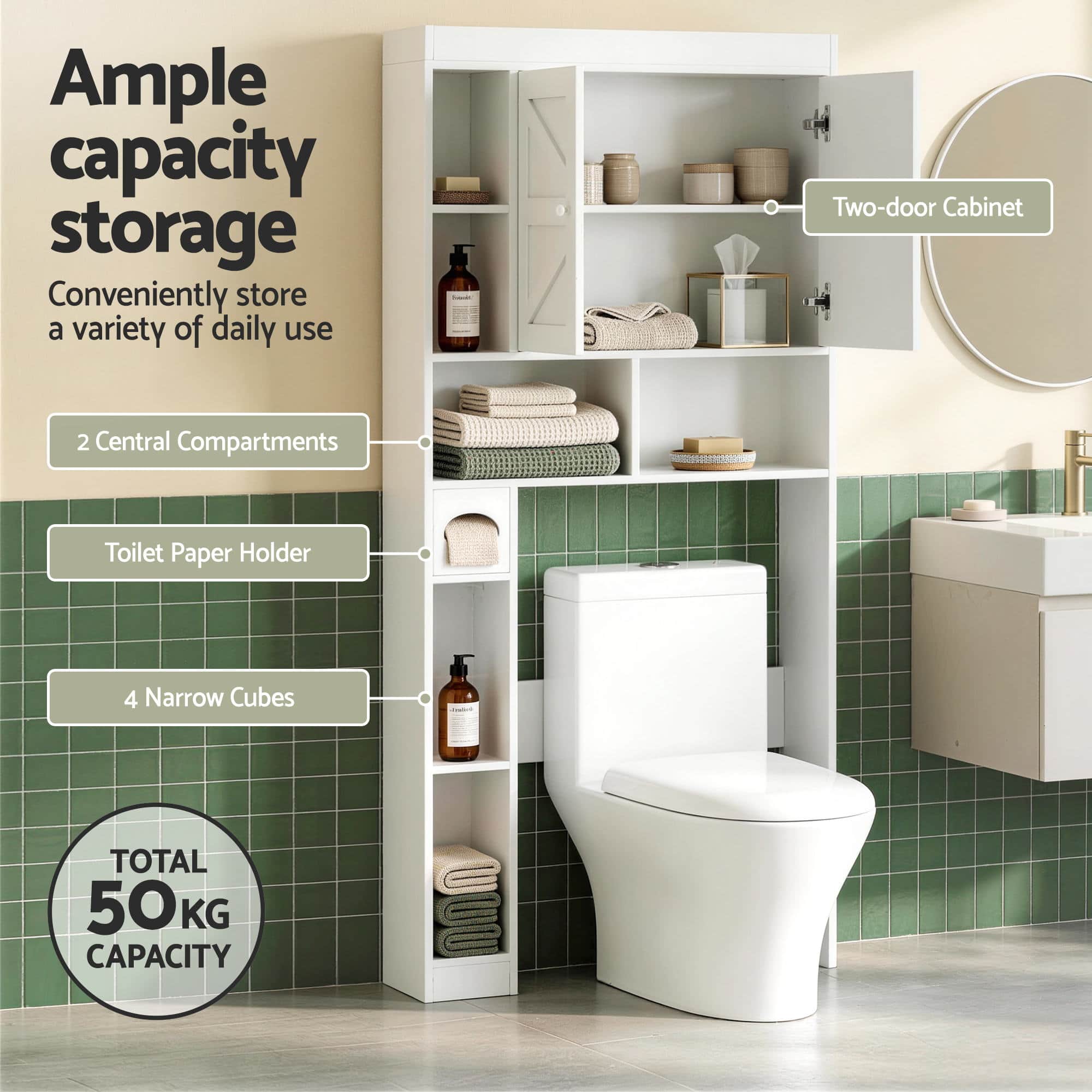 Bathroom Storage Cabinet Over Toilet Organiser with Adjustable Shelves and Barn Door