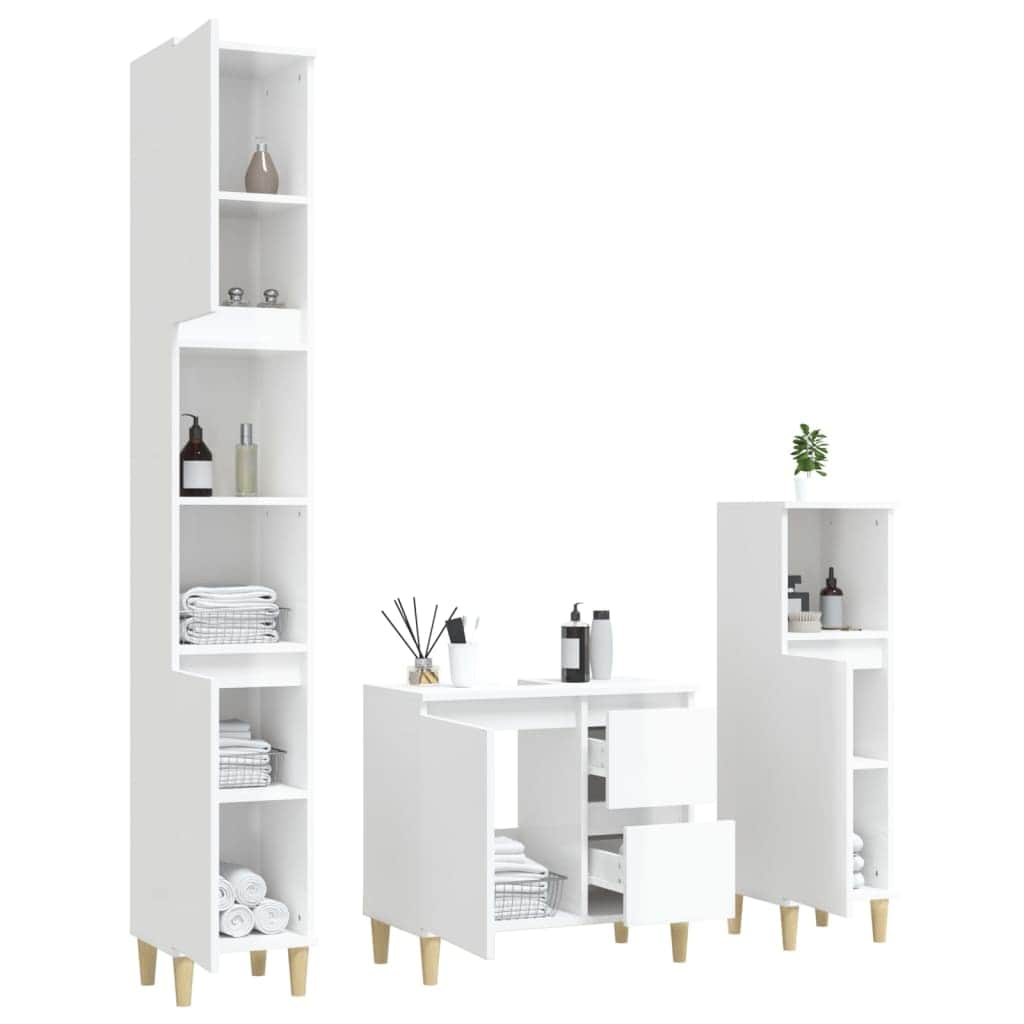 Bathroom Storage Sleek White Engineered Wood Cabinet 3 Pcs