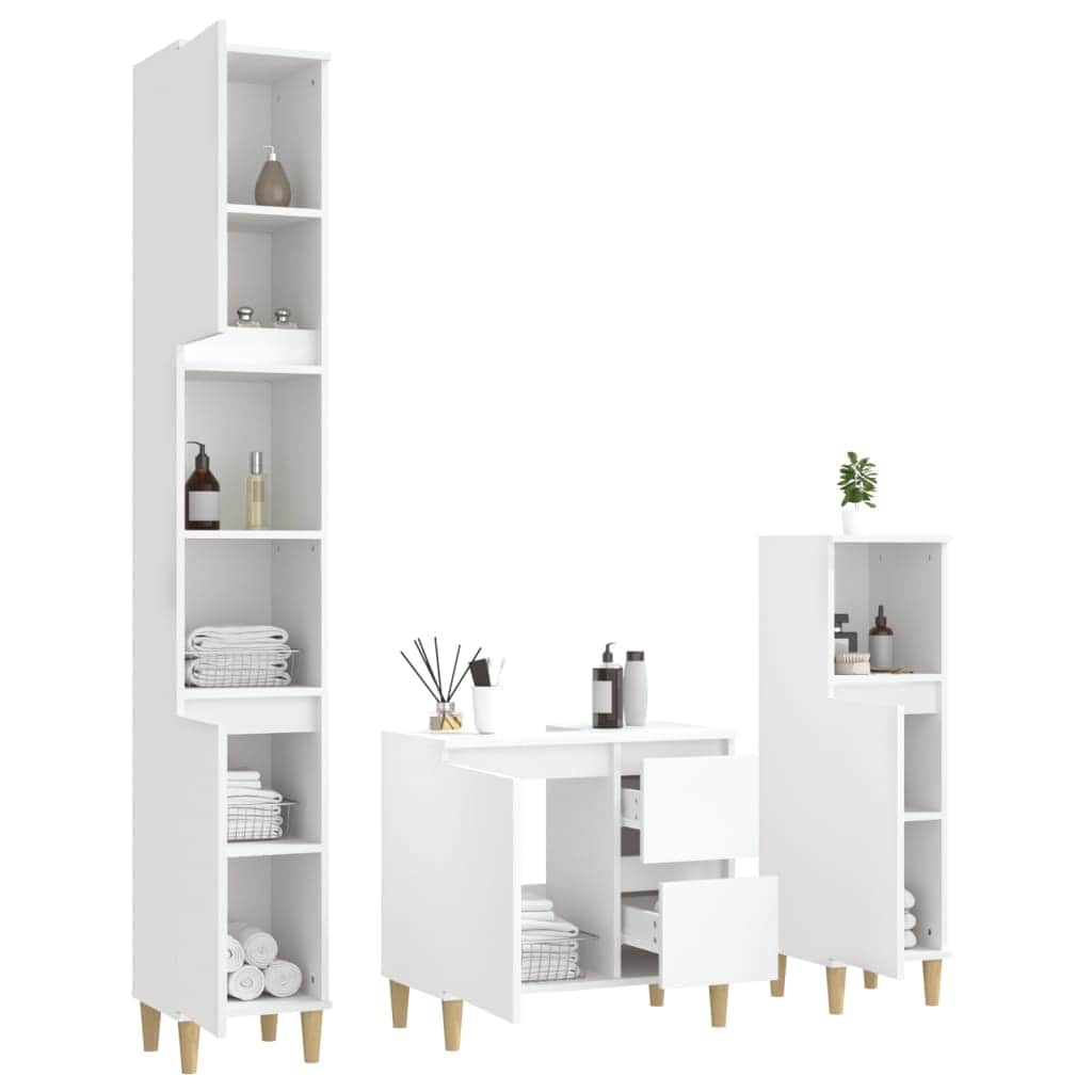 Bathroom Storage Sleek White Engineered Wood Cabinet 3 Pcs