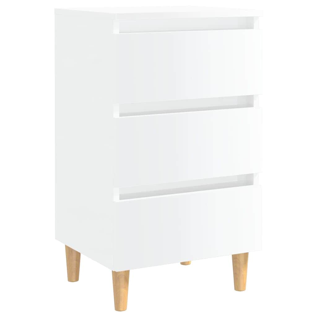Bed Cabinet with Solid Wood Legs High Gloss White