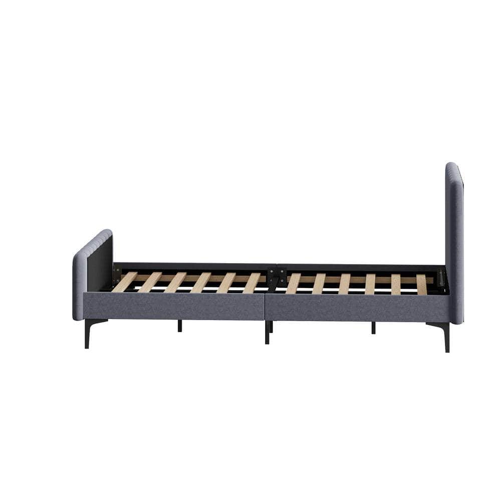 Bed Frame Beds Platform Velvet Fabric Grey/Beige