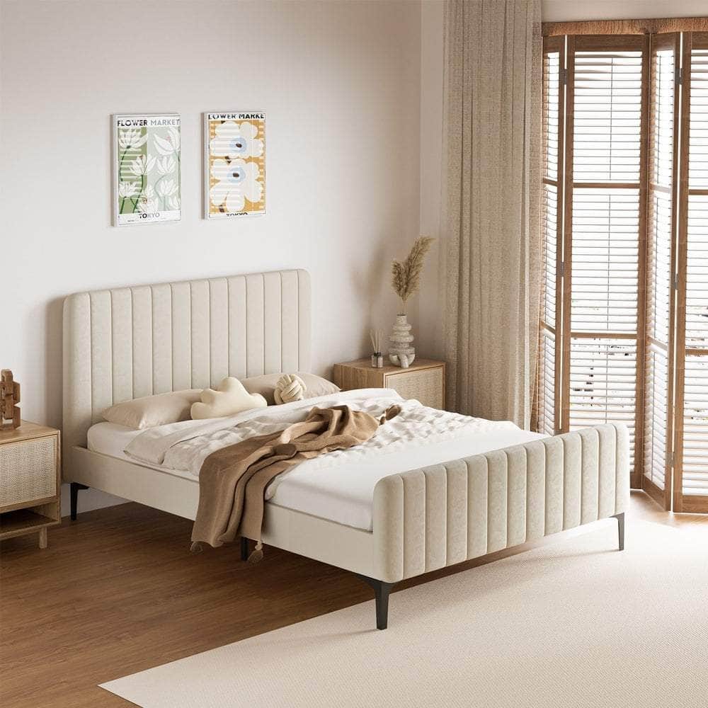 Bed Frame Beds Platform Velvet Fabric Grey/Beige
