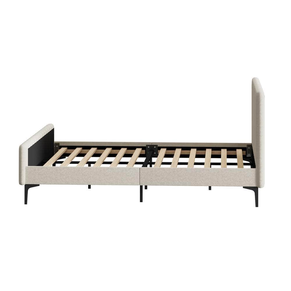 Bed Frame Beds Platform Velvet Fabric Grey/Beige