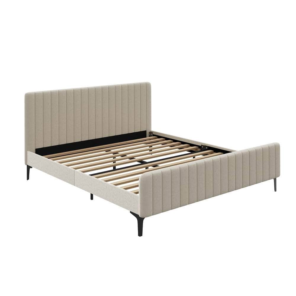 Bed Frame Beds Platform Velvet Fabric Grey/Beige