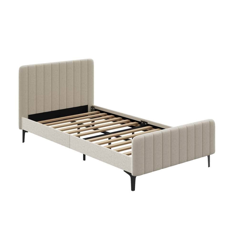 Bed Frame Beds Platform Velvet Fabric Grey/Beige