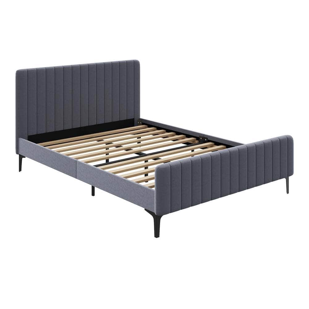 Bed Frame Beds Platform Velvet Fabric Grey/Beige