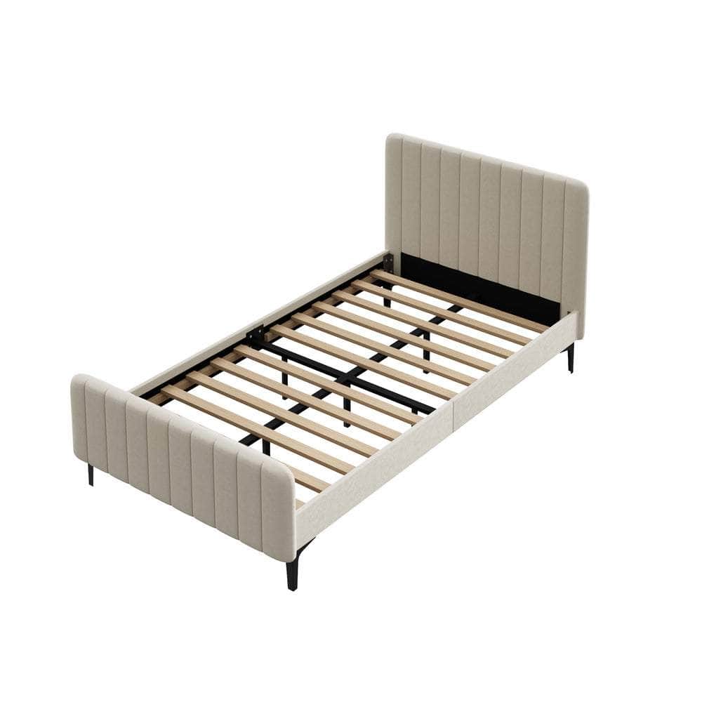 Bed Frame Beds Platform Velvet Fabric Grey/Beige