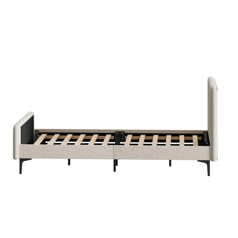 Bed Frame Beds Platform Velvet Fabric Grey/Beige