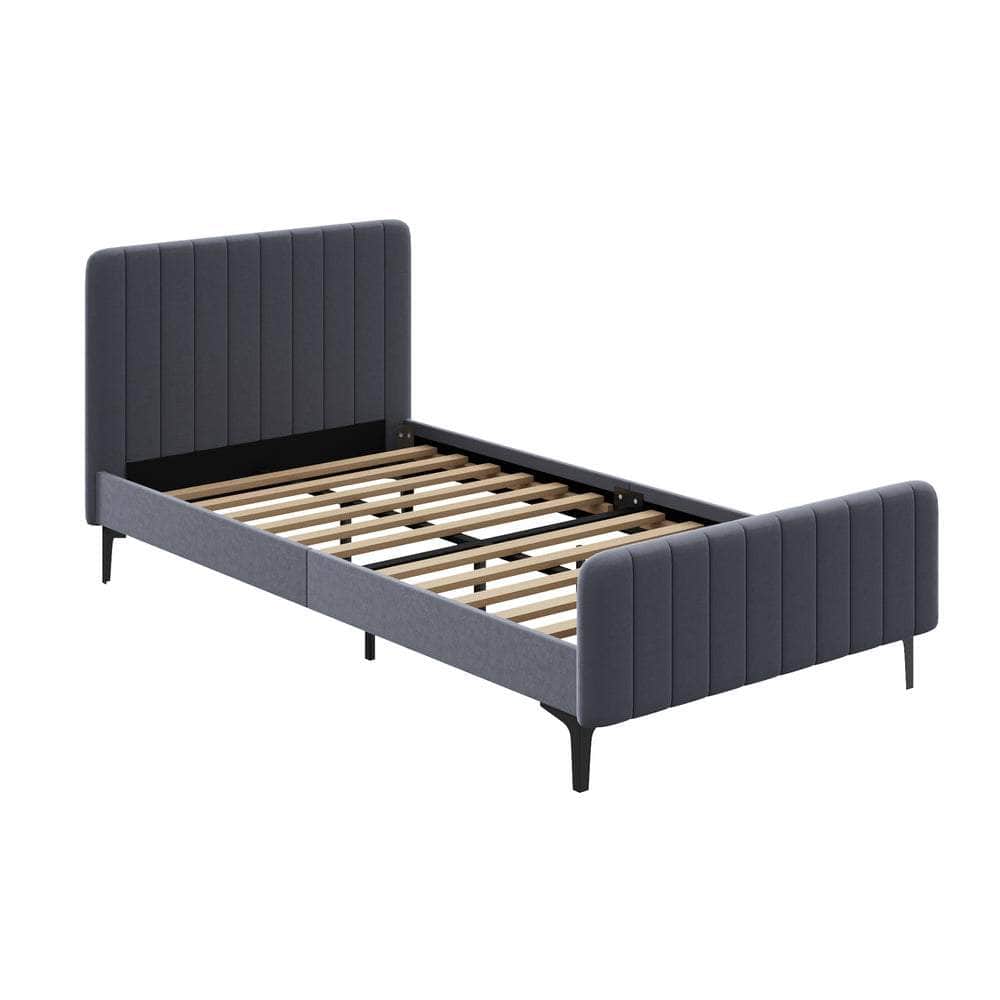 Bed Frame Beds Platform Velvet Fabric Grey/Beige