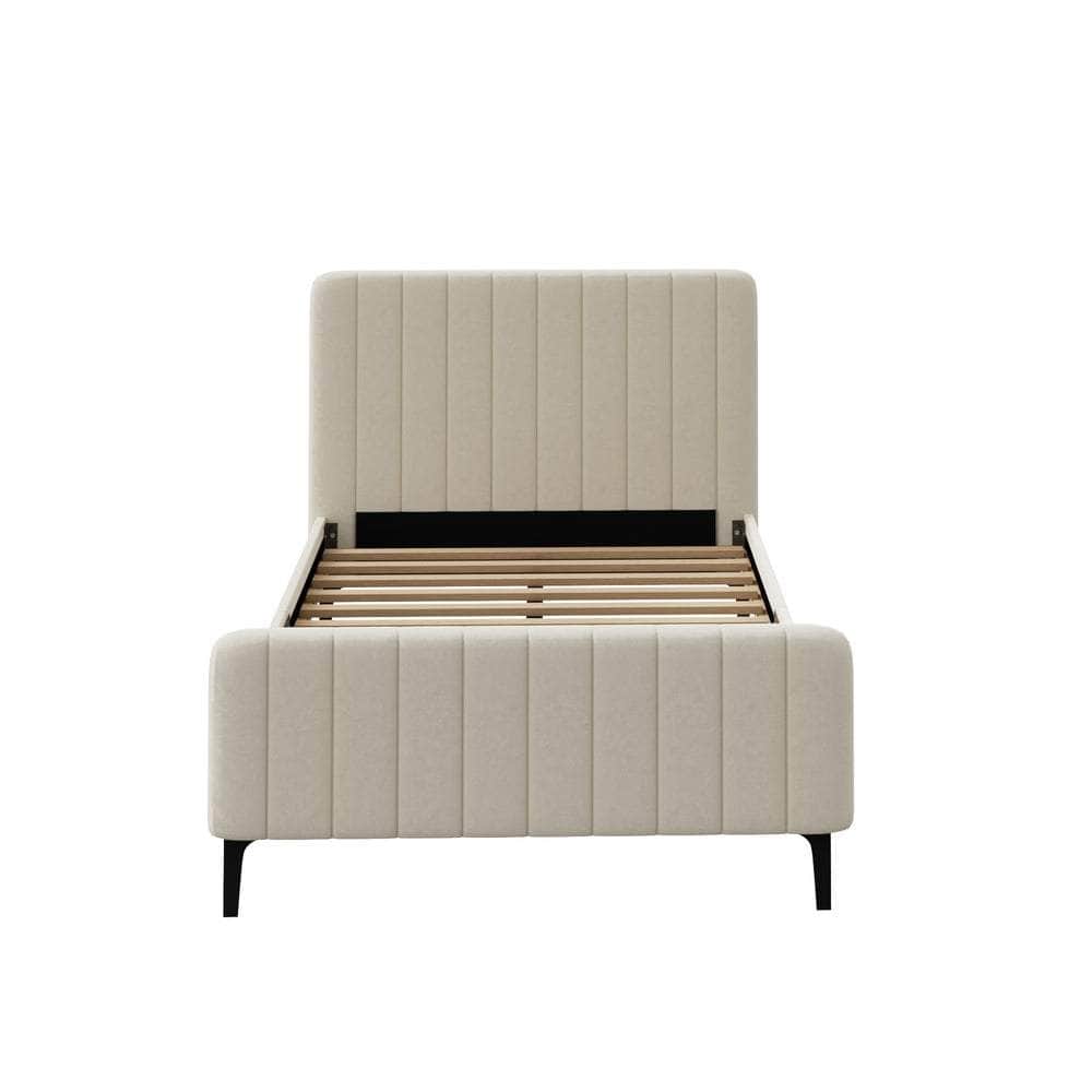 Bed Frame Beds Platform Velvet Fabric Grey/Beige