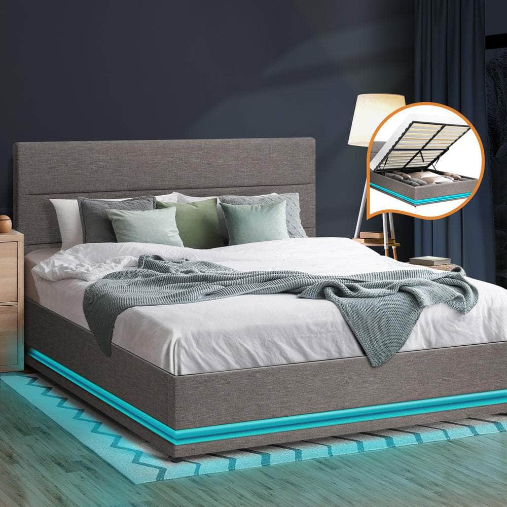 Grey Gas Lift LED Double Bed Frame