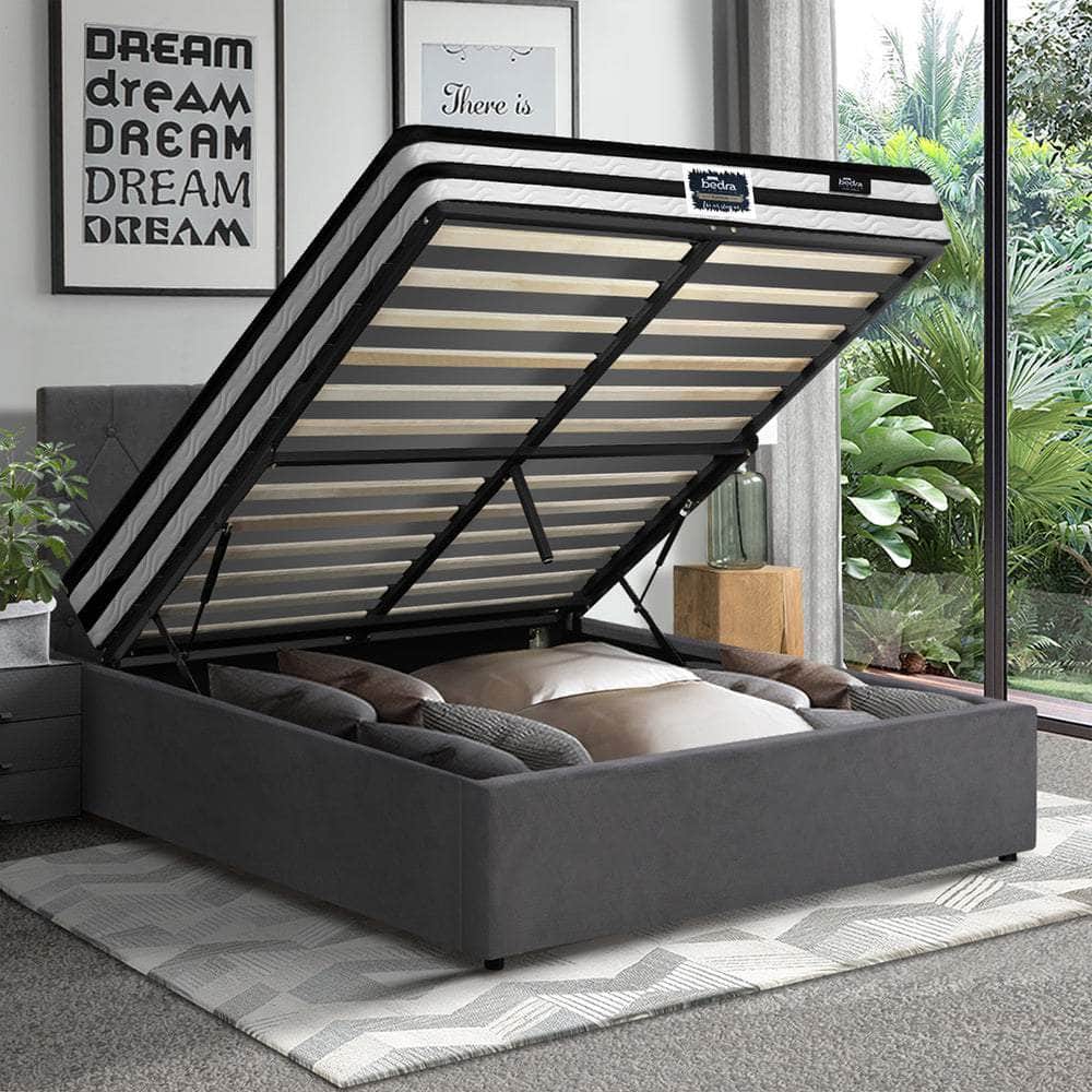 Bed Frame Double King & Queen Size Gas Lift Base with Mattress Velvet Grey