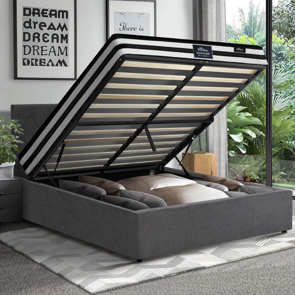 Bed Frame Double King & Queen Size Gas Lift Base with Mattress Velvet Grey