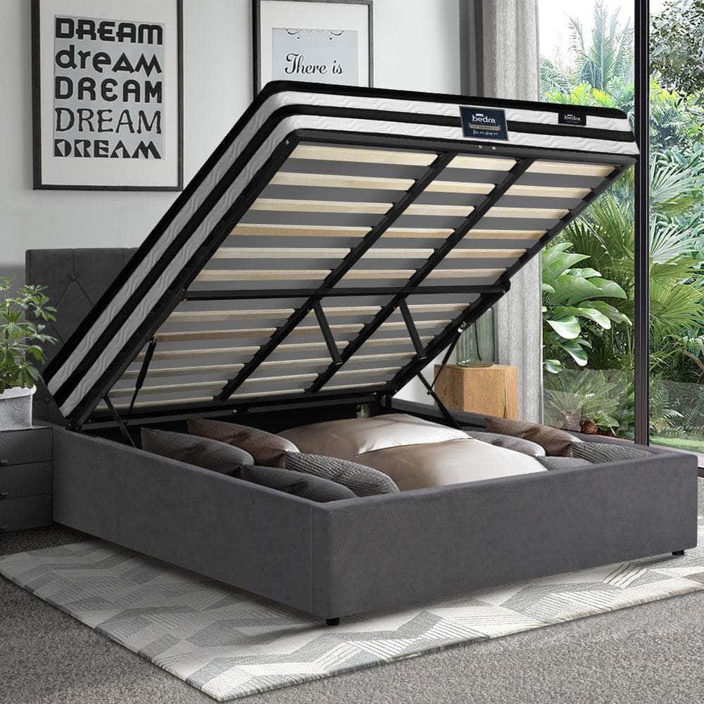 Bed Frame Double King & Queen Size Gas Lift Base with Mattress Velvet Grey