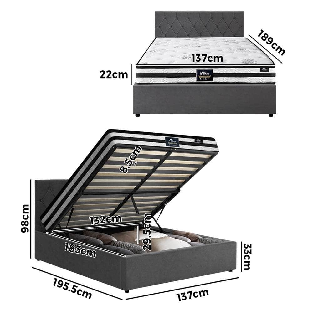 Bed Frame Double King & Queen Size Gas Lift Base with Mattress Velvet Grey