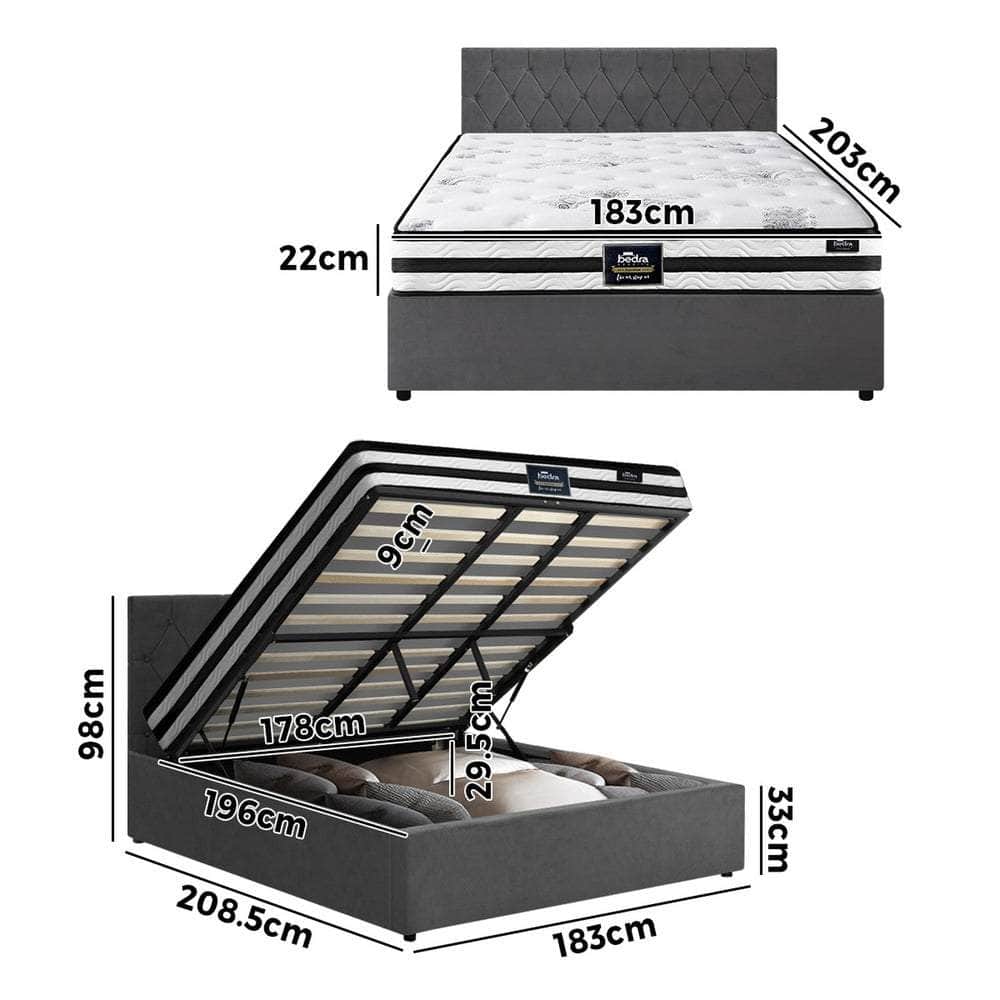 Bed Frame Double King & Queen Size Gas Lift Base with Mattress Velvet Grey