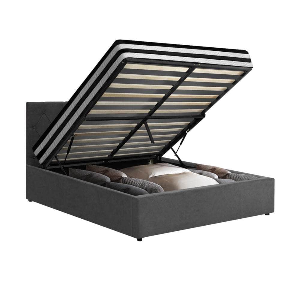 Bed Frame Double King & Queen Size Gas Lift Base with Mattress Velvet Grey