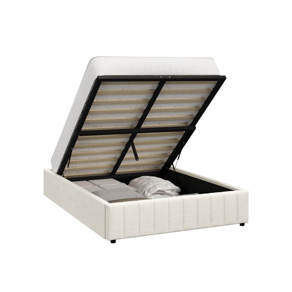 Bed Frame Double King Single Size Gas Lift Storage Base Velvet Cream