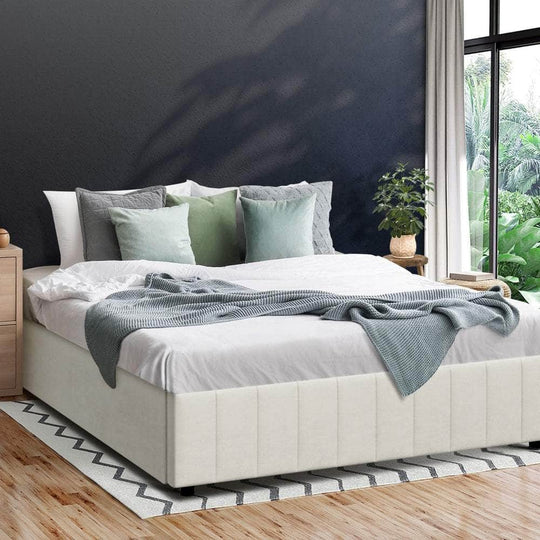 Bed Frame Double King Single Size Gas Lift Storage Base Velvet Cream | Velvet finish