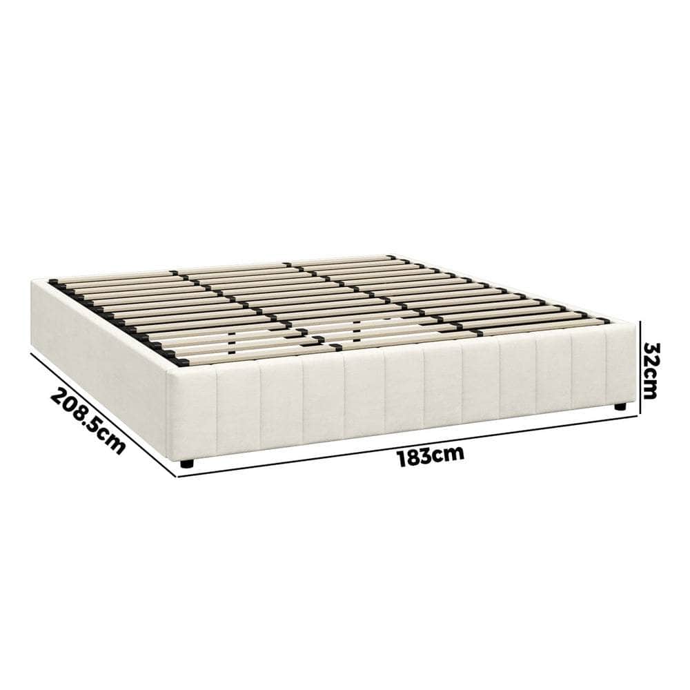 Bed Frame Double King Single Size Gas Lift Storage Base Velvet Cream