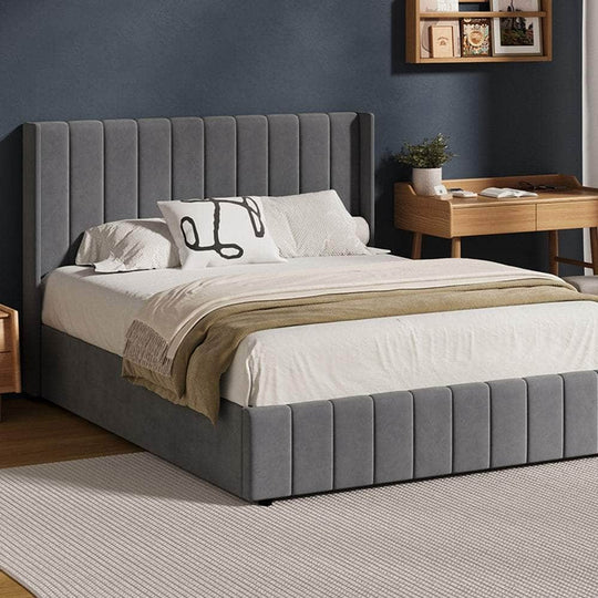 Grey colour - Bed Frame Double King Single Size Gas Lift Storage Base Velvet Grey