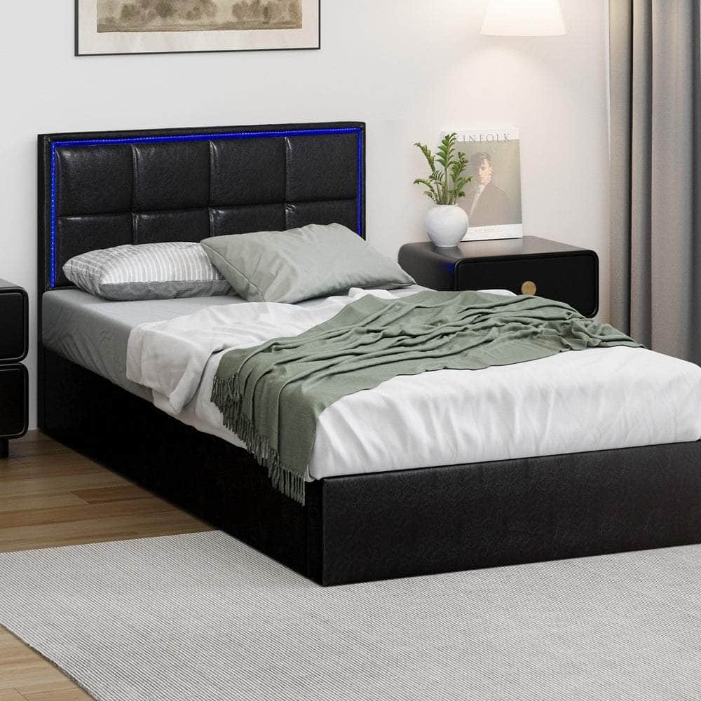 Bed Frame Double King & Single Size RGB LED Gas Lift Storage Base Leather