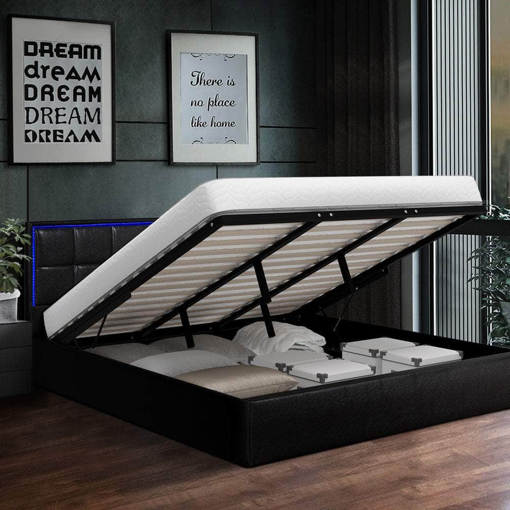 Bed Frame Double King & Single Size RGB LED Gas Lift Storage Base Leather